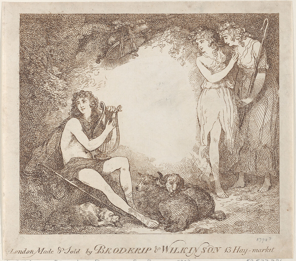 Apollo, Lyra and Daphne (Trade card illustrating "Marian, an Opera"), Thomas Rowlandson (British, London 1757–1827 London), Etching, printed in brown ink 