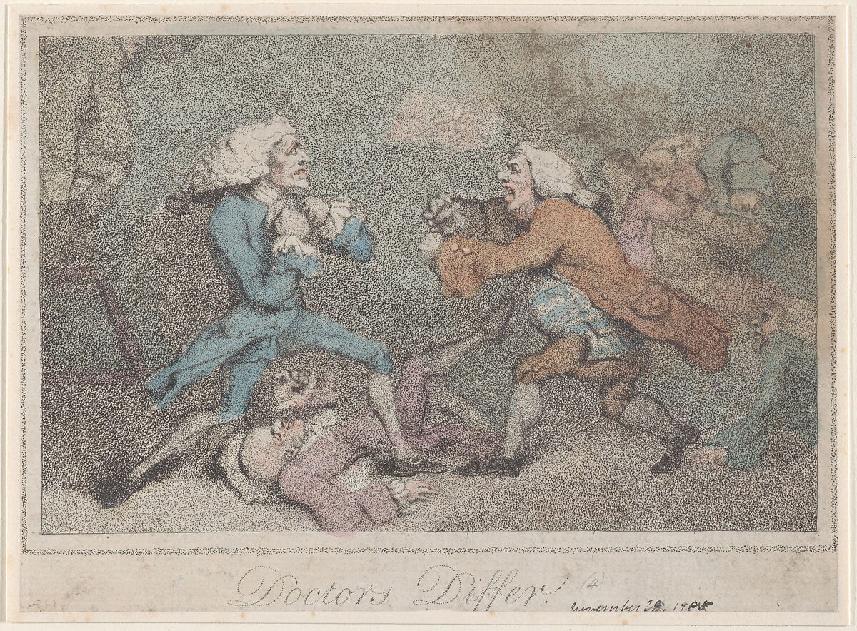 Doctors Differ, After Thomas Rowlandson (British, London 1757–1827 London), Hand-colored stipple engraving 