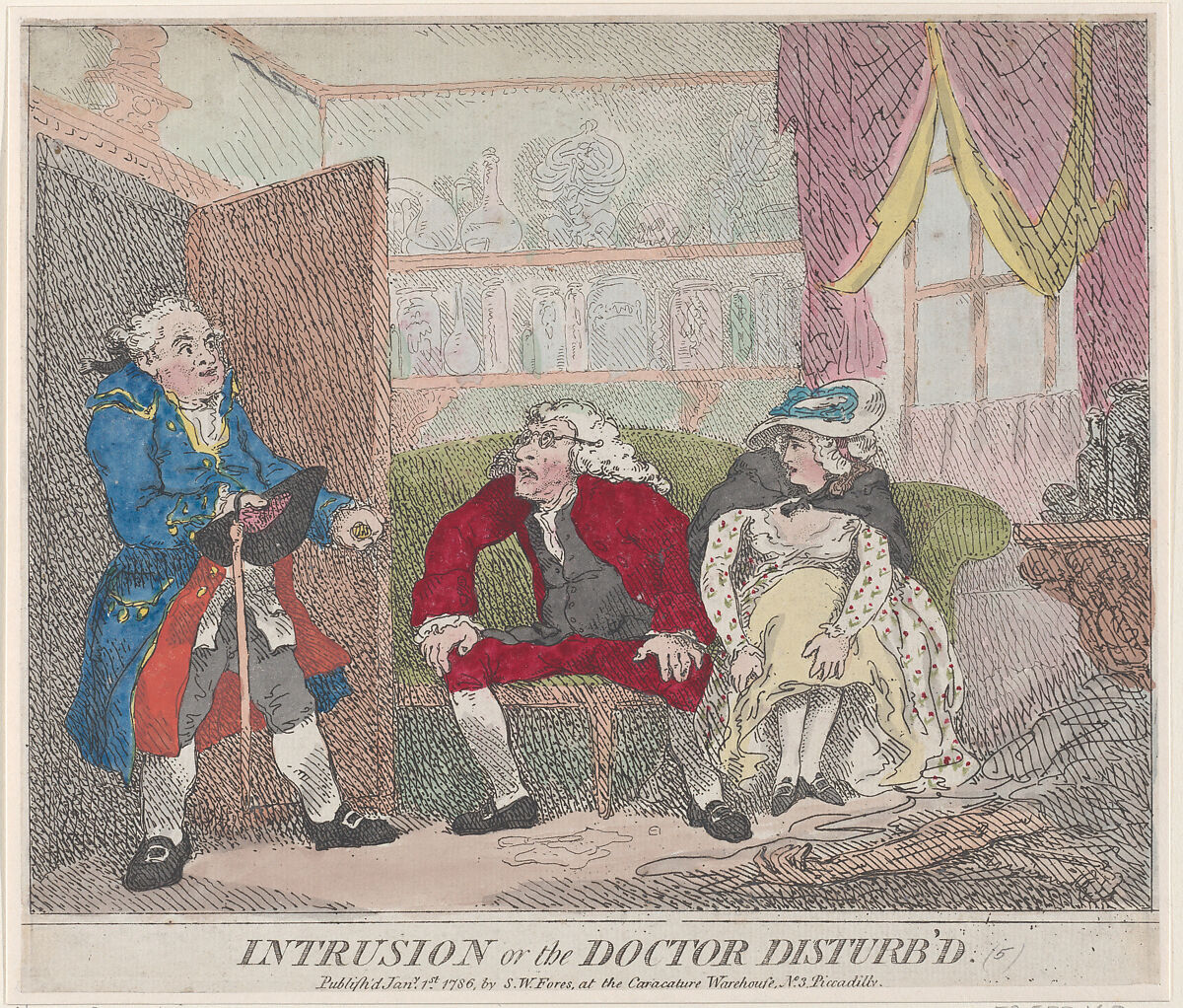 Intrusion, or The Doctor Disturb'd, Thomas Rowlandson (British, London 1757–1827 London), Hand-colored etching 
