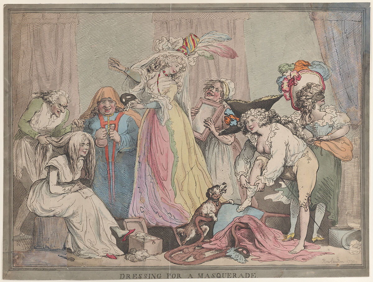 Dressing for a Masquerade, Thomas Rowlandson (British, London 1757–1827 London), Hand-colored etching and stipple 