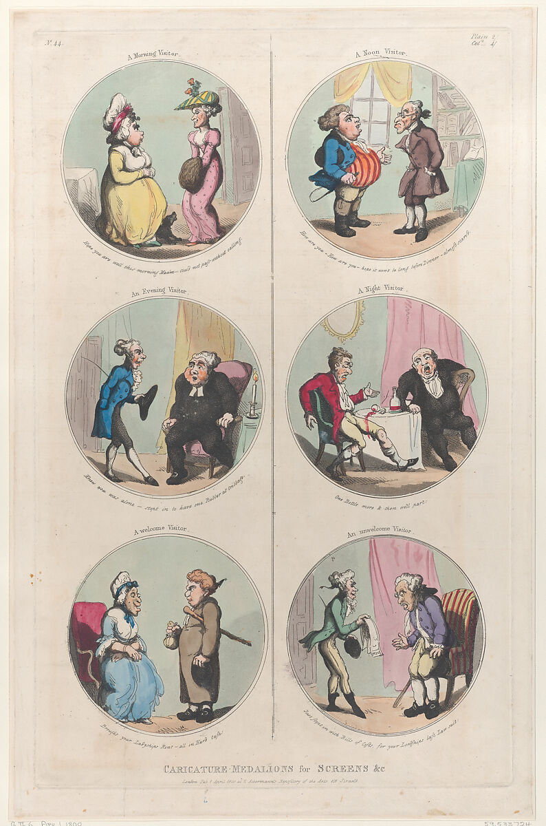 Caricature Medallions for Screens &c: A Morning Visitor, An Evening Visitor, A Welcome Visitor, A Noon Visitor, A Night Visitor, An Unwelcome Visitor, Thomas Rowlandson (British, London 1757–1827 London), Hand-colored etching and aquatint 