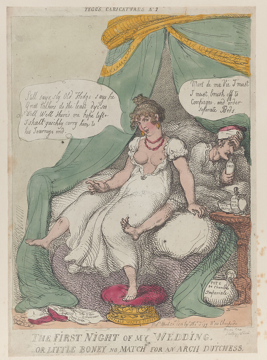 The First Night of My Wedding, or Little Boney No Match For an Arch Dutchess, Thomas Rowlandson (British, London 1757–1827 London), Hand-colored etching 
