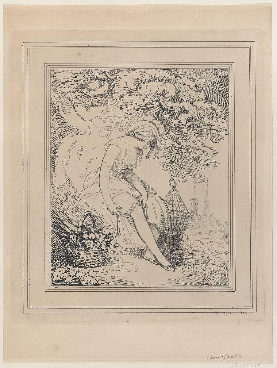 Girl with a Basket and Birdcage Adjusting Her Garter, Thomas Rowlandson (British, London 1757–1827 London), Etching