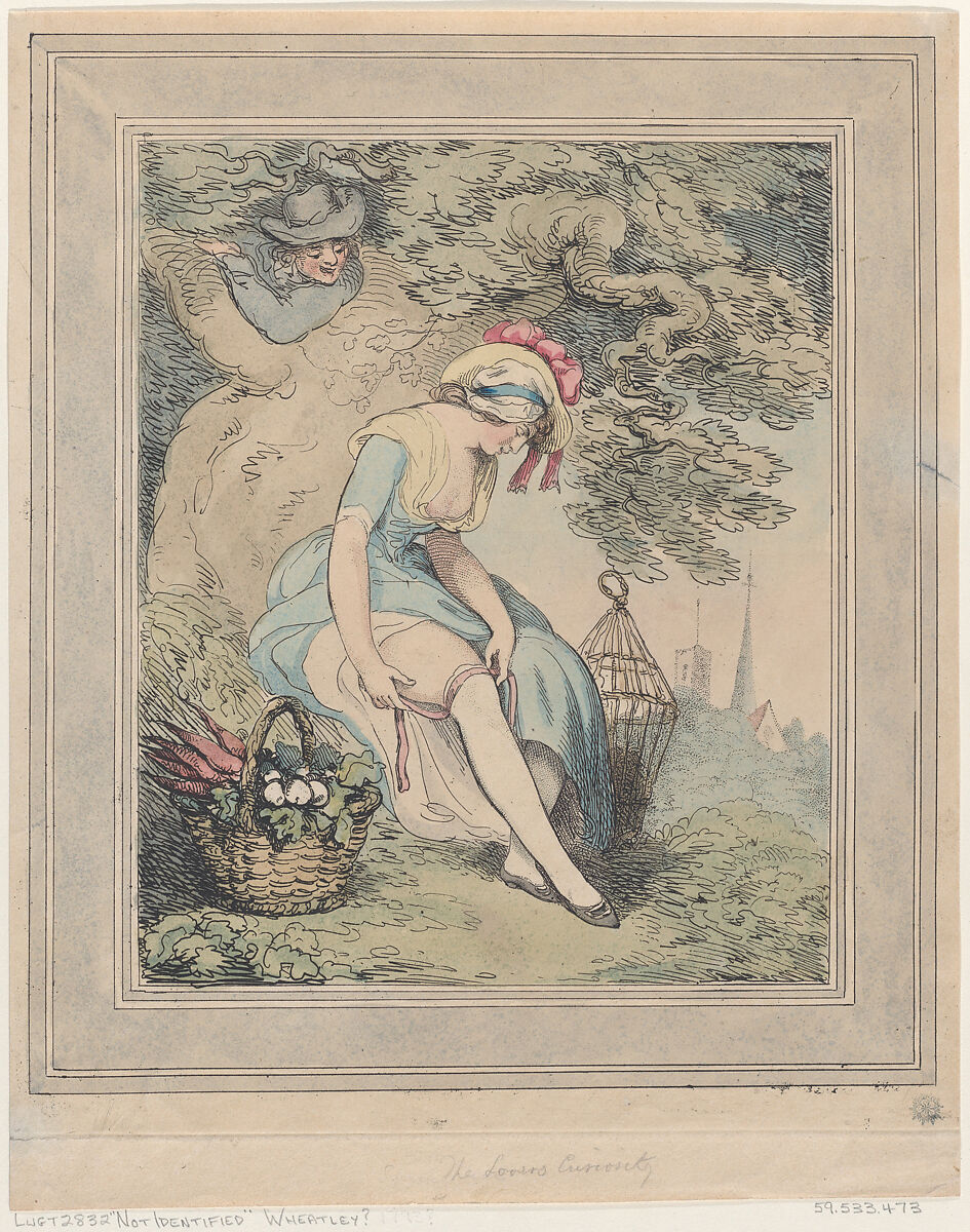 Girl with a Basket and Birdcage Adjusting Her Garter, Thomas Rowlandson (British, London 1757–1827 London), Hand-colored etching 