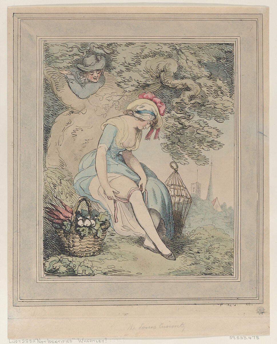 Girl with a Basket and Birdcage Adjusting Her Garter, Thomas Rowlandson (British, London 1757–1827 London), Hand-colored etching