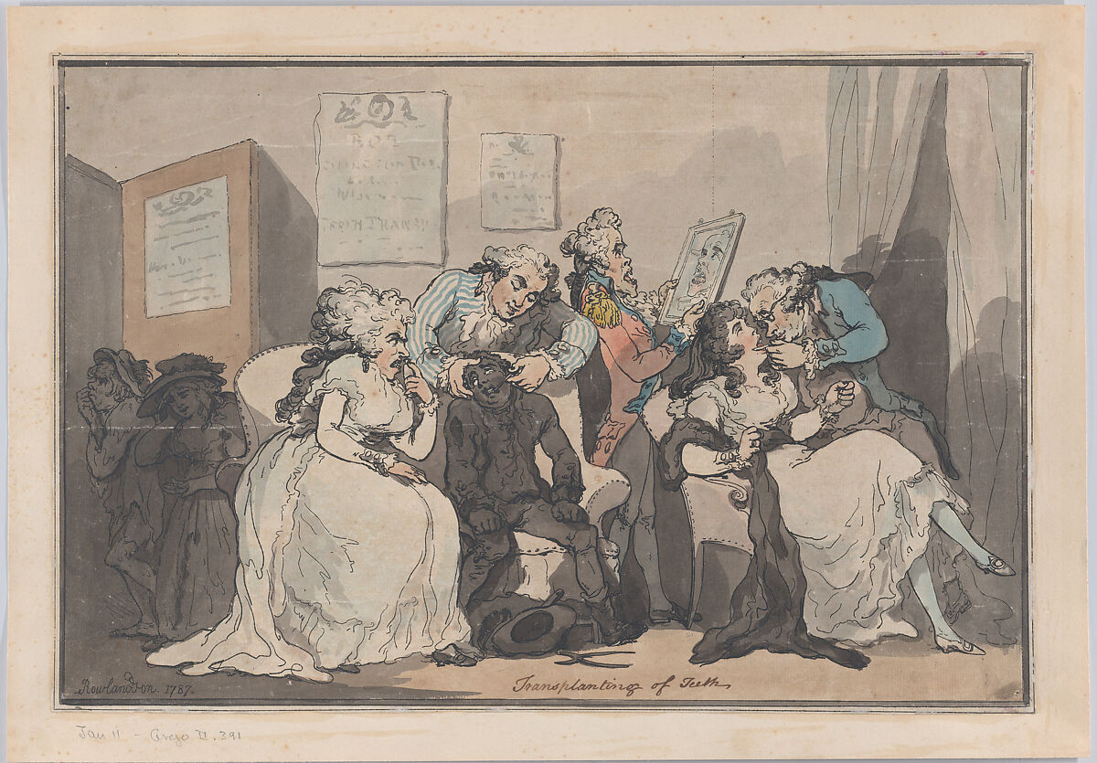 Transplanting of Teeth, Thomas Rowlandson (British, London 1757–1827 London), Hand-colored etching and aquatint; early state 