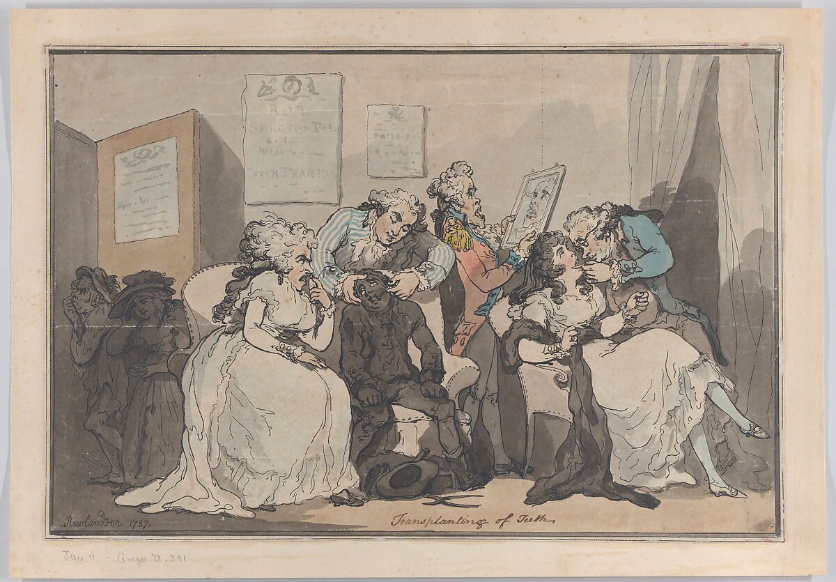 Transplanting of Teeth, Thomas Rowlandson (British, London 1757–1827 London), Hand-colored etching and aquatint; early state