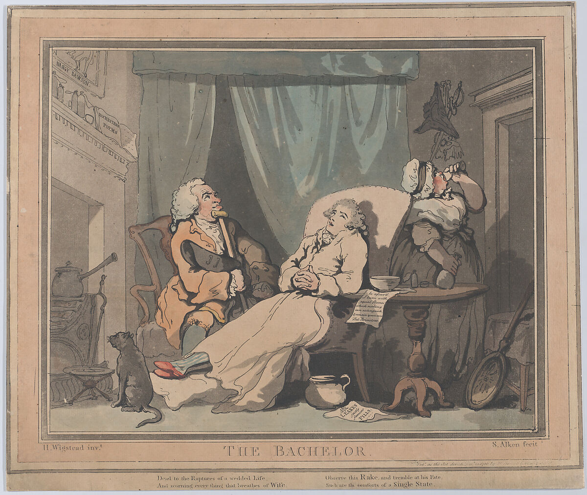 The Bachelor, Samuel Alken (British, London 1756–1815 London), Hand-colored etching with aquatint 