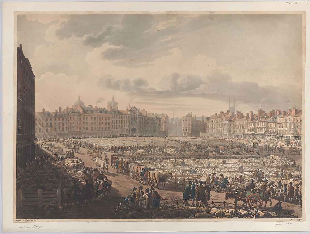 A Bird's Eye View of Smithfield Market, Taken from the Bear & Ragged Staff, After Thomas Rowlandson (British, London 1757–1827 London), Hand-colored etching and aquatint 