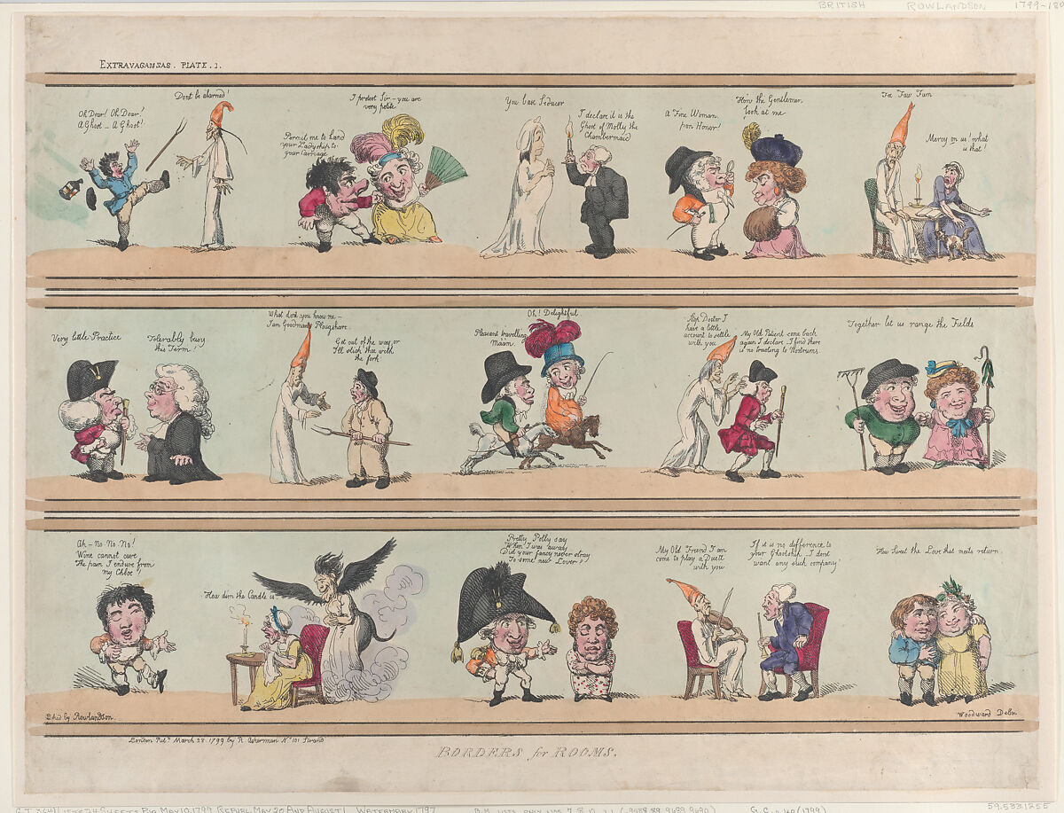 Borders for Rooms, Extravaganzas Plate 1, Thomas Rowlandson (British, London 1757–1827 London), Hand-colored etching 