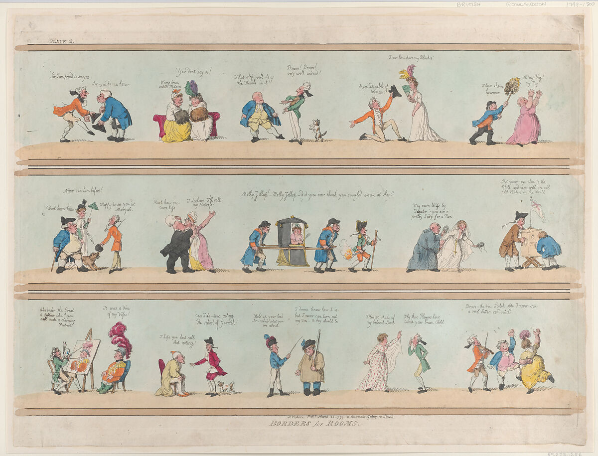 Borders for Rooms, Plate 2, Thomas Rowlandson (British, London 1757–1827 London), Hand-colored etching 