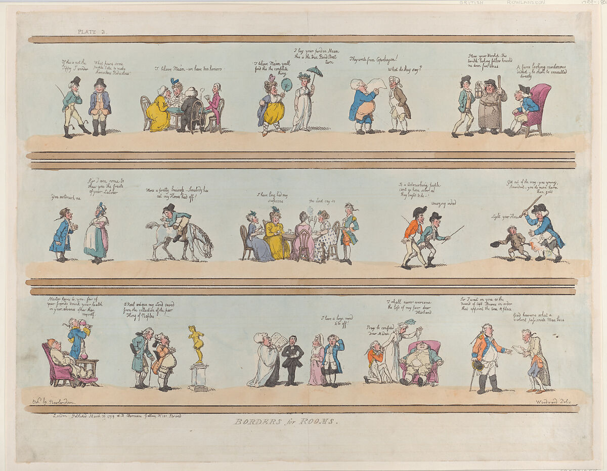 Borders for Rooms, Plate 3, Thomas Rowlandson (British, London 1757–1827 London), Hand-colored etching 