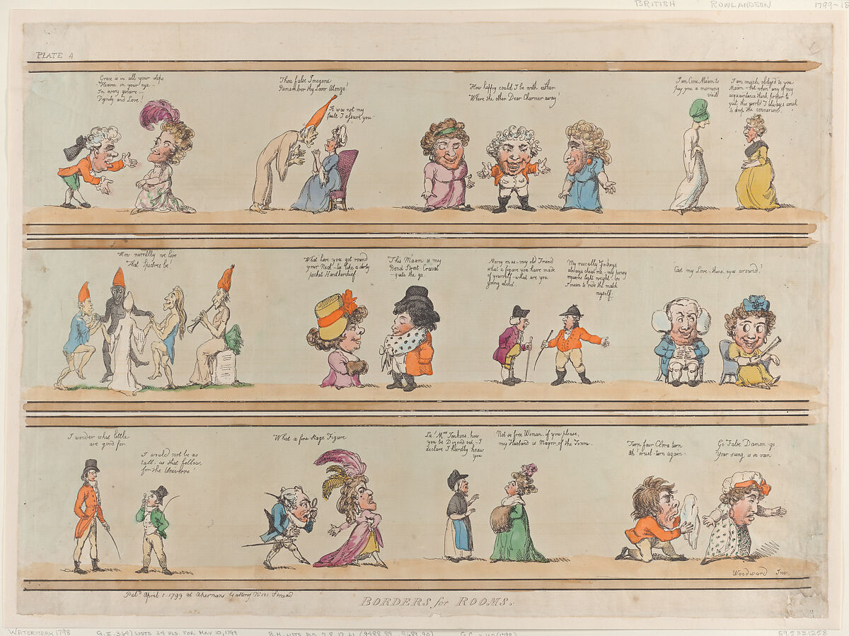Borders for Rooms, Plate 4, Thomas Rowlandson (British, London 1757–1827 London), Hand-colored etching 