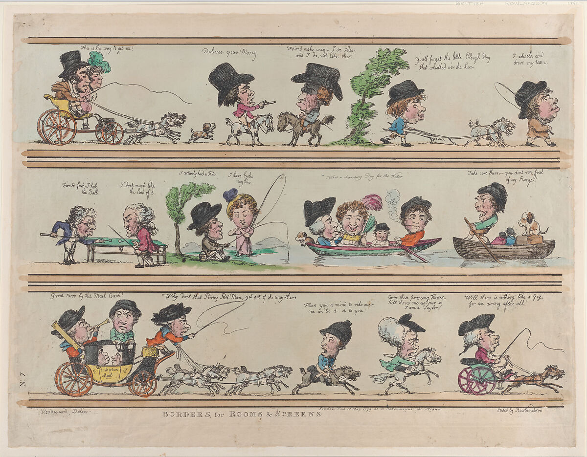 Borders for Rooms & Screens, Plate 7, Thomas Rowlandson (British, London 1757–1827 London), Hand-colored etching 