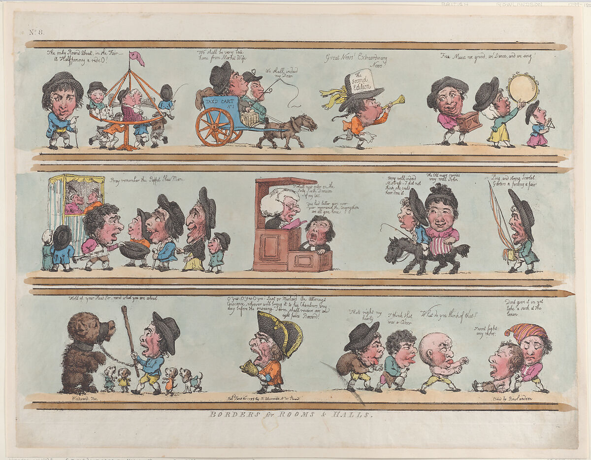 Borders for Rooms & Halls, Plate 8, Thomas Rowlandson (British, London 1757–1827 London), Hand-colored etching 