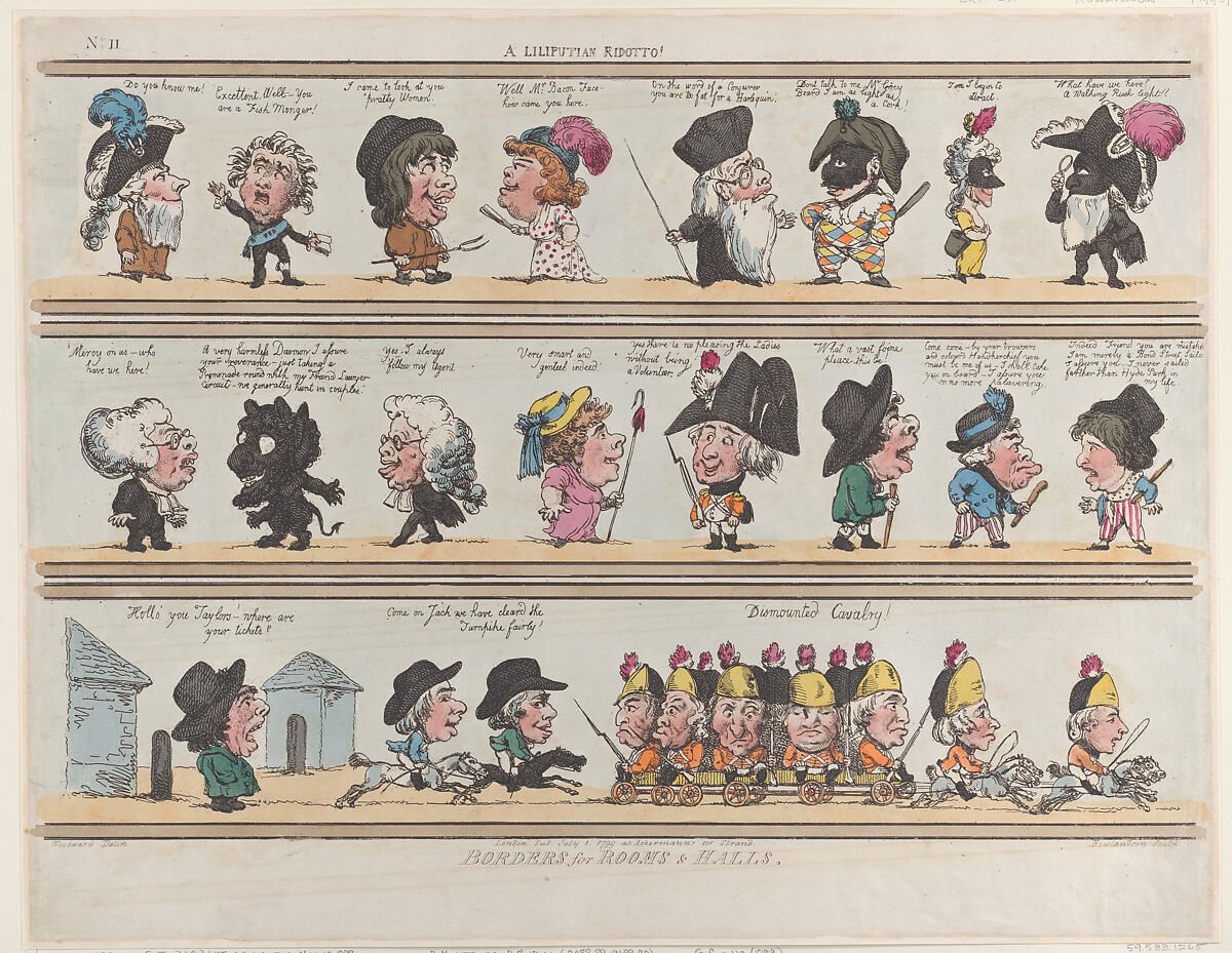 A Liliputian Ridotto!, Borders for Rooms & Halls, Plate 11, Thomas Rowlandson (British, London 1757–1827 London), Hand-colored etching 
