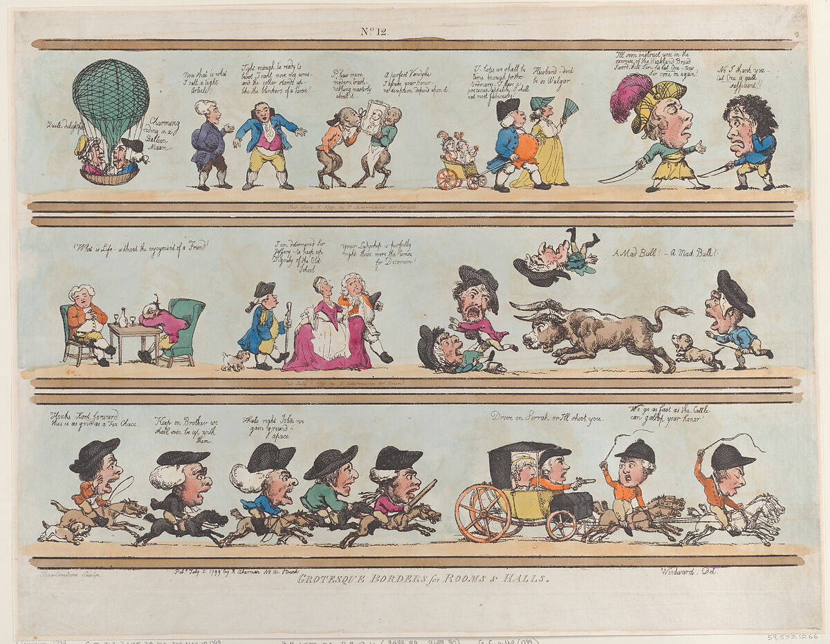 Grotesque Borders for Rooms & Halls, Plate 12, Thomas Rowlandson (British, London 1757–1827 London), Hand-colored etching 