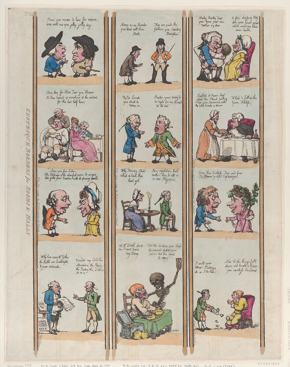 Grotesque Borders for Rooms & Halls, Plate 15, Thomas Rowlandson (British, London 1757–1827 London), Hand-colored etching 