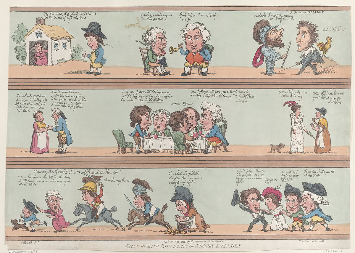 Grotesque Borders for Rooms & Halls, Thomas Rowlandson (British, London 1757–1827 London), Hand-colored etching; reprint 