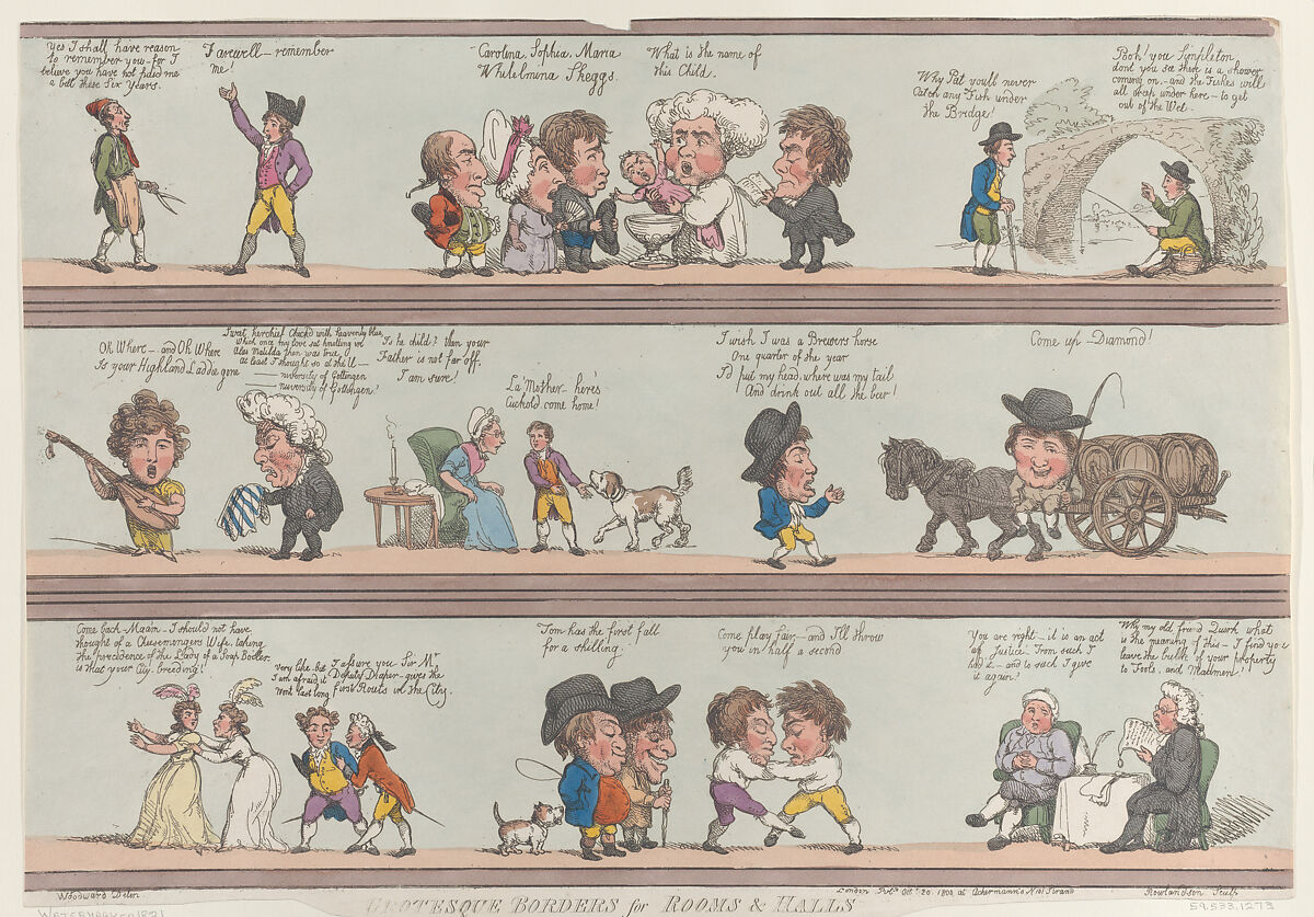 Grotesque Borders for Rooms & Halls, Thomas Rowlandson (British, London 1757–1827 London), Hand-colored etching 