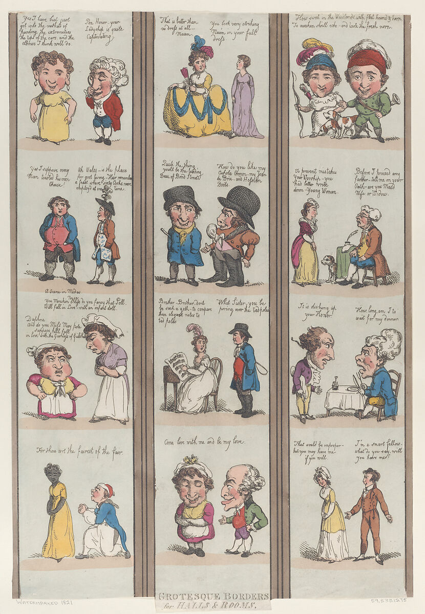 Grotesque Borders for Rooms & Halls, Thomas Rowlandson (British, London 1757–1827 London), Hand-colored etching 