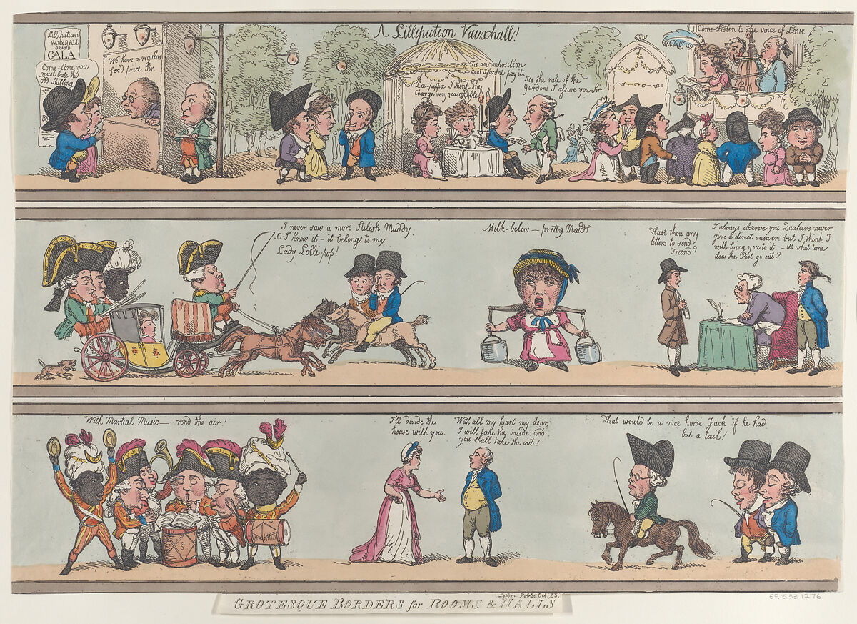 A Lilliputian Vauxhall, Grotesque Borders for Rooms & Halls, Thomas Rowlandson (British, London 1757–1827 London), Hand-colored etching 