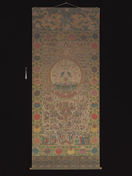 Thousand-Armed, Thousand-Eyed Guanyin, Zhou Bangzhang (Chinese, active early 17th century), Hanging scroll; ink and color on silk with painted border, China 