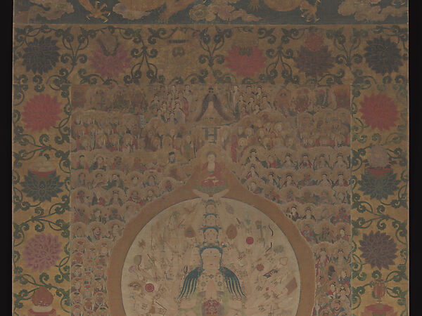 Thousand-Armed, Thousand-Eyed Guanyin, Zhou Bangzhang (Chinese, active early 17th century), Hanging scroll; ink and color on silk with painted border, China