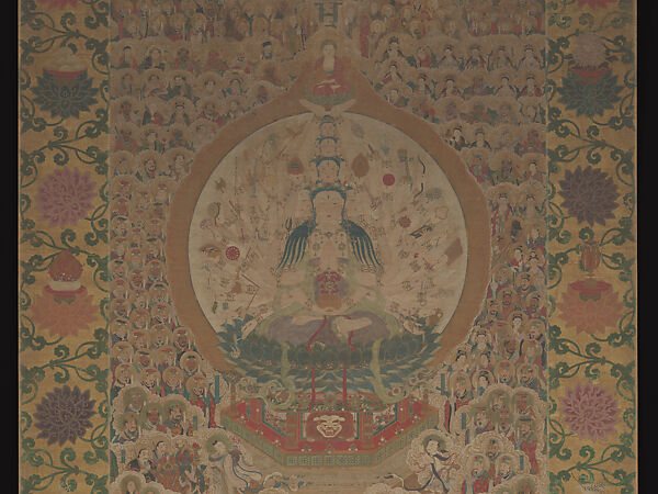 Thousand-Armed, Thousand-Eyed Guanyin, Zhou Bangzhang (Chinese, active early 17th century), Hanging scroll; ink and color on silk with painted border, China