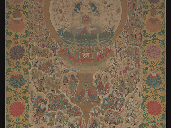Thousand-Armed, Thousand-Eyed Guanyin, Zhou Bangzhang (Chinese, active early 17th century), Hanging scroll; ink and color on silk with painted border, China