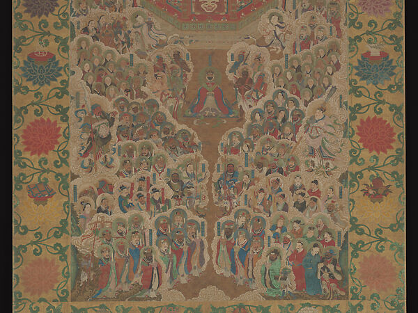 Thousand-Armed, Thousand-Eyed Guanyin, Zhou Bangzhang (Chinese, active early 17th century), Hanging scroll; ink and color on silk with painted border, China