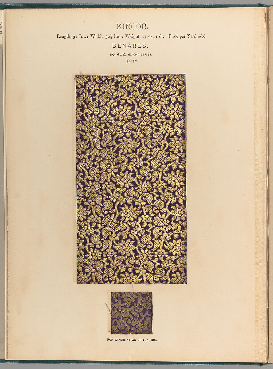 Collection of specimens and illustrations of the textile manufactures of India. Second series : Kincobs, Nos. 401 to 458, John Forbes Watson (Scottish, 1827–1892)