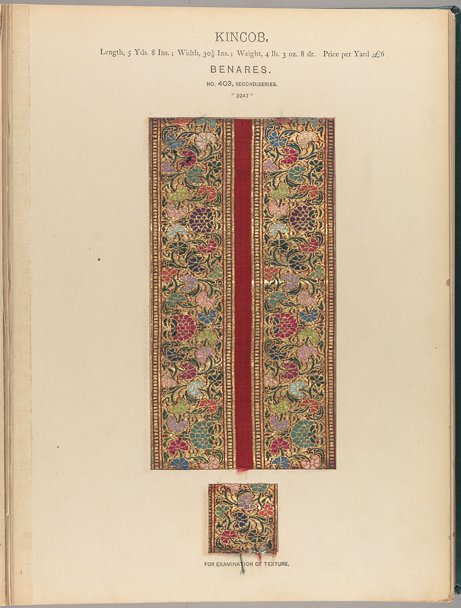 Collection of specimens and illustrations of the textile manufactures of India. Second series : Kincobs, Nos. 401 to 458, John Forbes Watson (Scottish, 1827–1892)