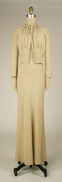 Wedding ensemble, Mainbocher (French and American, founded 1930), silk, leather, straw, coq feathers, French