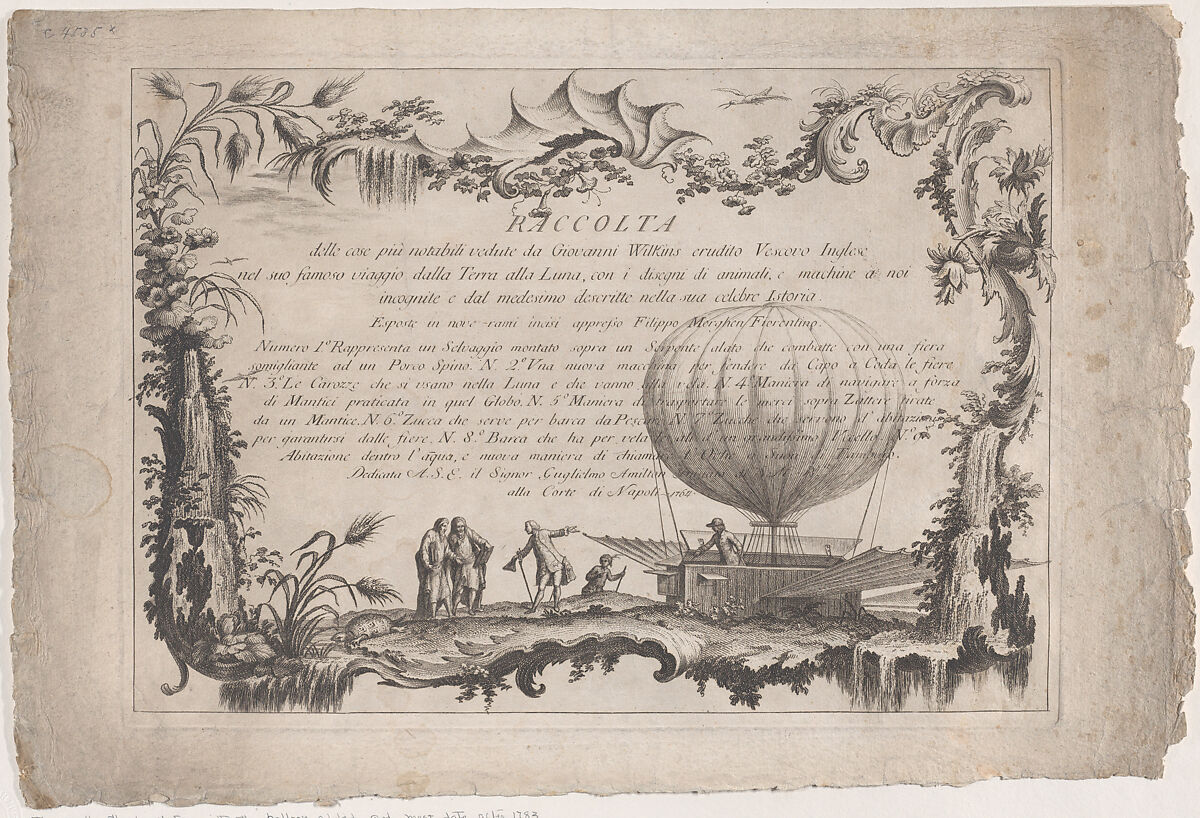 Title plate from 'The collection of the most notable things seen by John Wilkins, erudite English bishop, on his famous trip from the Earth to the Moon... (Raccolta delle cose più notabili Vedute da Giovanni Wilkins erudito Vescove Inglese nel suo famoso viaggio dalla Terra alla Luna...), Filippo Morghen (Italian, Florence 1730–after 1807 Naples), Etching; third state 