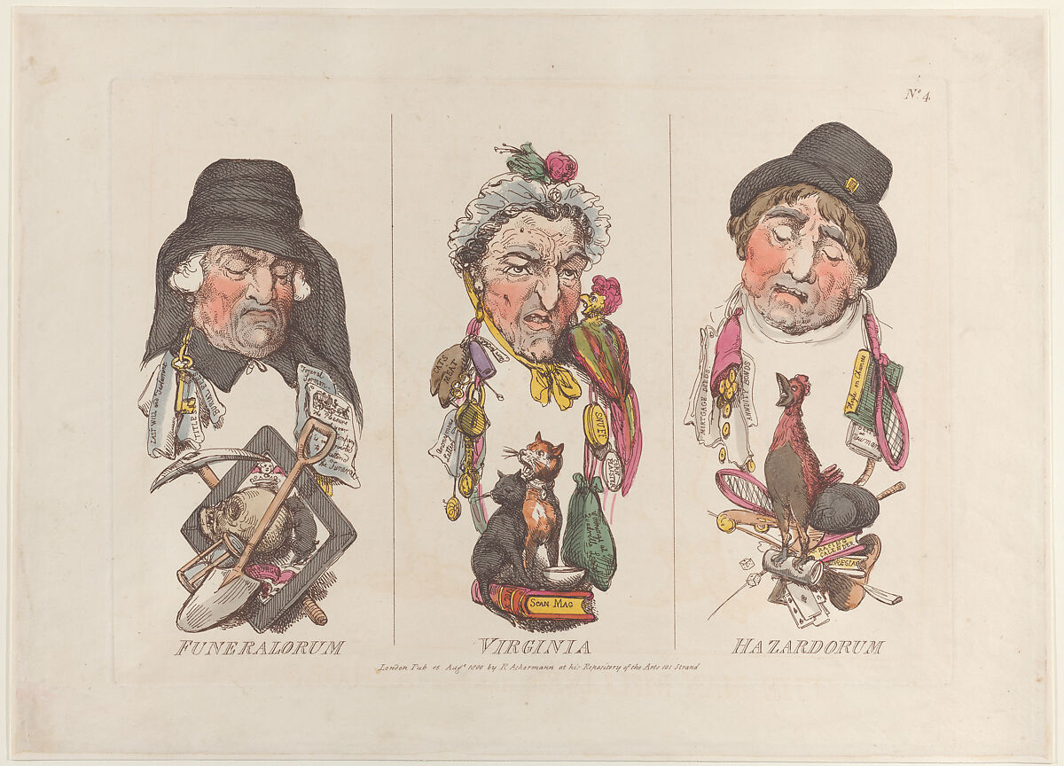Funeralorum, Virginia, Hazardorum, Thomas Rowlandson (British, London 1757–1827 London), Hand-colored etching 