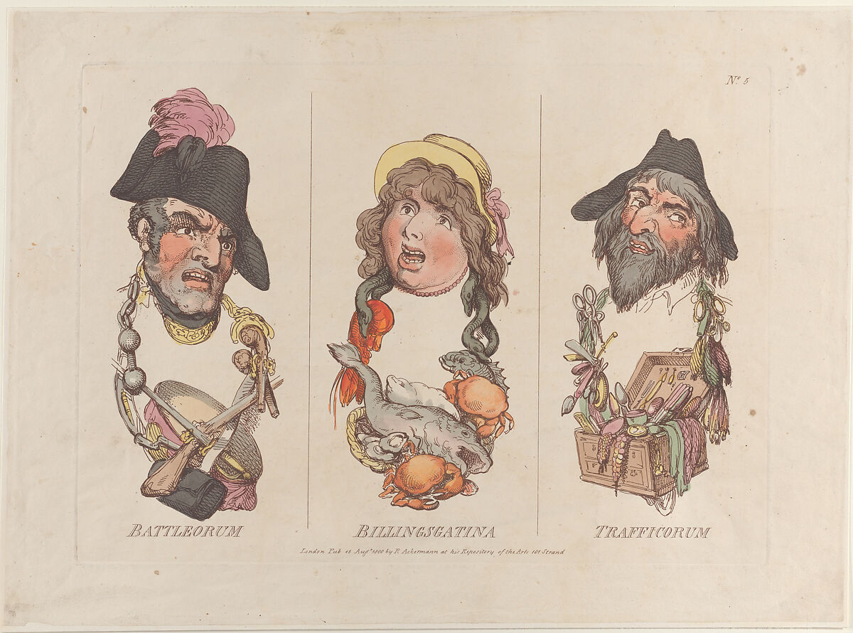 Battleorum, Billingsgatina, Trafficorum, Thomas Rowlandson (British, London 1757–1827 London), Hand-colored etching 