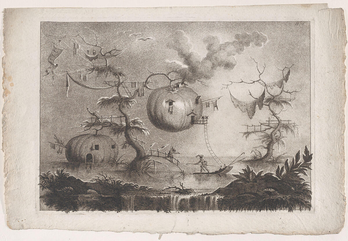 Plate 7 from 'The collection of the most notable things seen by John Wilkins, erudite English bishop, on his famous trip from the Earth to the Moon... (Raccolta delle cose più notabili Vedute da Giovanni Wilkins erudito Vescove Inglese nel suo famoso viaggio dalla Terra alla Luna...): 'Pumpkins used as dwellings to secure against wild beasts' (Zucche che servono d'abitazioni per garantirsi dalle fiere), Filippo Morghen (Italian, Florence 1730–after 1807 Naples), Etching and aquatint 