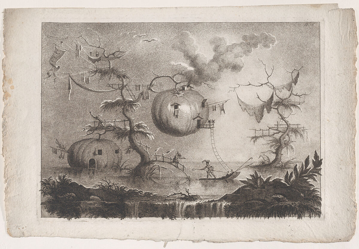 Plate 7 from 'The collection of the most notable things seen by John Wilkins, erudite English bishop, on his famous trip from the Earth to the Moon... (Raccolta delle cose più notabili Vedute da Giovanni Wilkins erudito Vescove Inglese nel suo famoso viaggio dalla Terra alla Luna...): 'Pumpkins used as dwellings to secure against wild beasts' (Zucche che servono d'abitazioni per garantirsi dalle fiere), Filippo Morghen  Italian, Etching and aquatint