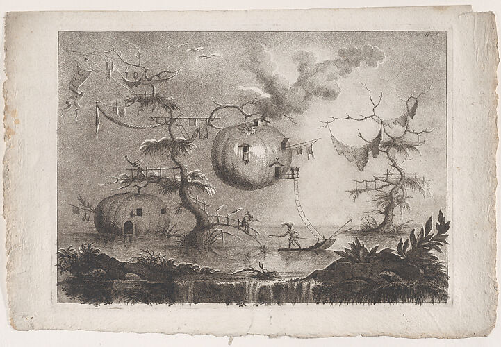 Plate 7 from 'The collection of the most notable things seen by John Wilkins, erudite English bishop, on his famous trip from the Earth to the Moon... (Raccolta delle cose più notabili Vedute da Giovanni Wilkins erudito Vescove Inglese nel suo famoso viaggio dalla Terra alla Luna...): 'Pumpkins used as dwellings to secure against wild beasts' (Zucche che servono d'abitazioni per garantirsi dalle fiere)