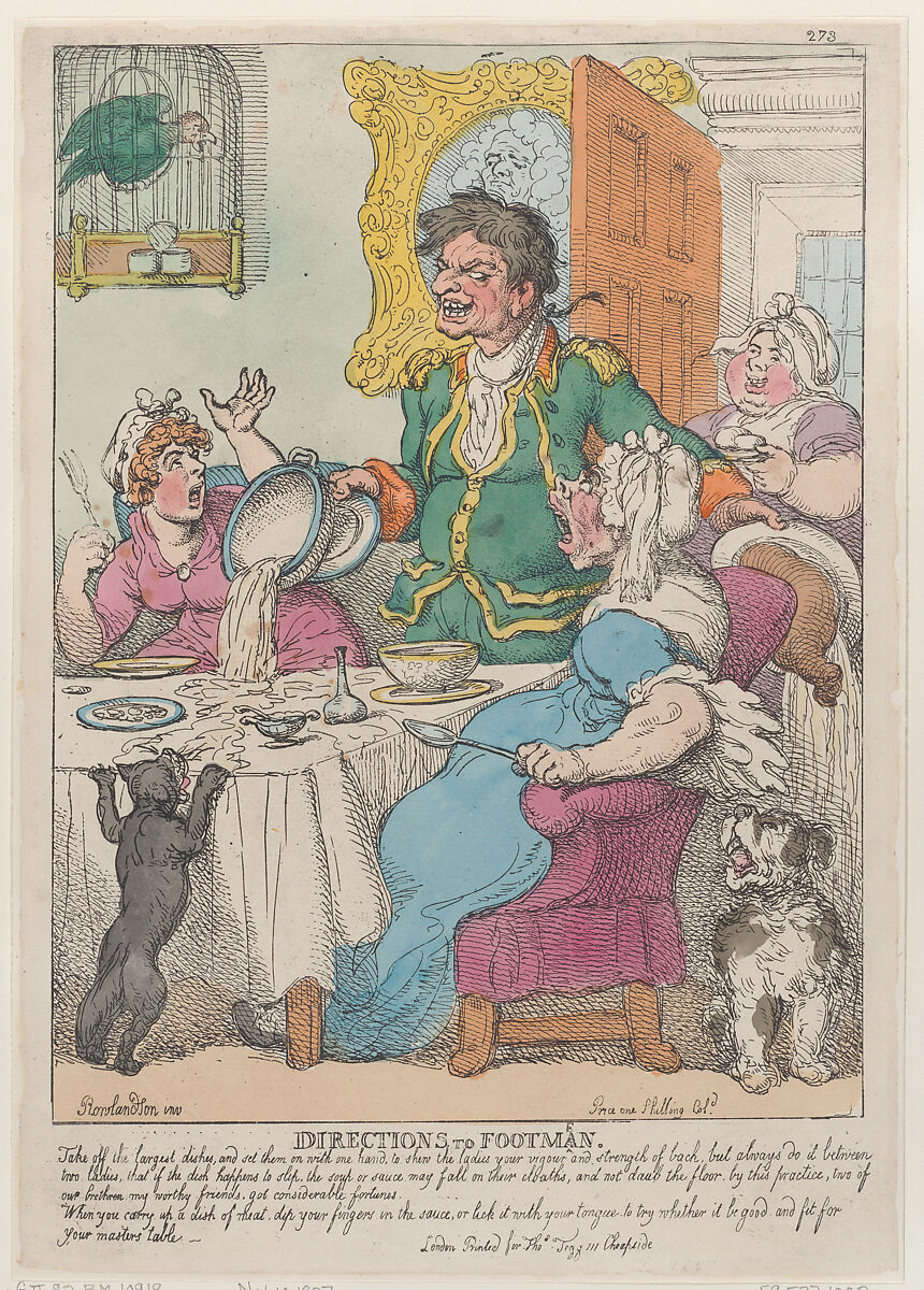 Directions to Footmen, Thomas Rowlandson (British, London 1757–1827 London), Hand-colored etching 