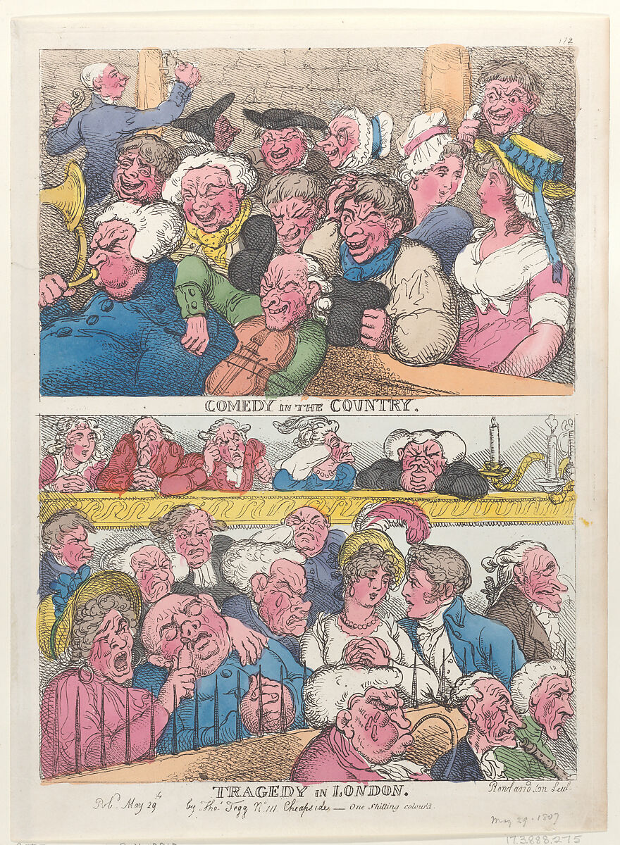 Comedy in the Country, Tragedy in London, Thomas Rowlandson (British, London 1757–1827 London), Hand-colored etching 