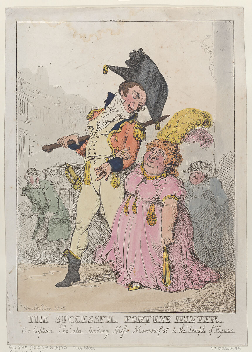 The Successful Fortune Hunter, or Captain Shelalee Leading Miss Marrowfat to the Temple of Hymen, Thomas Rowlandson (British, London 1757–1827 London), Hand-colored etching 