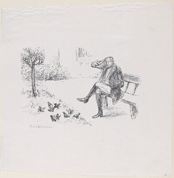 The Pensive Man Sitting on a Bench in a Park (Der Auf Einer Bank In Der Allee Sitzende Nachdenkliche Mann), from The Man of Fifty Years, After Max Liebermann (German, Berlin 1847–1935 Berlin), Line block; proof 