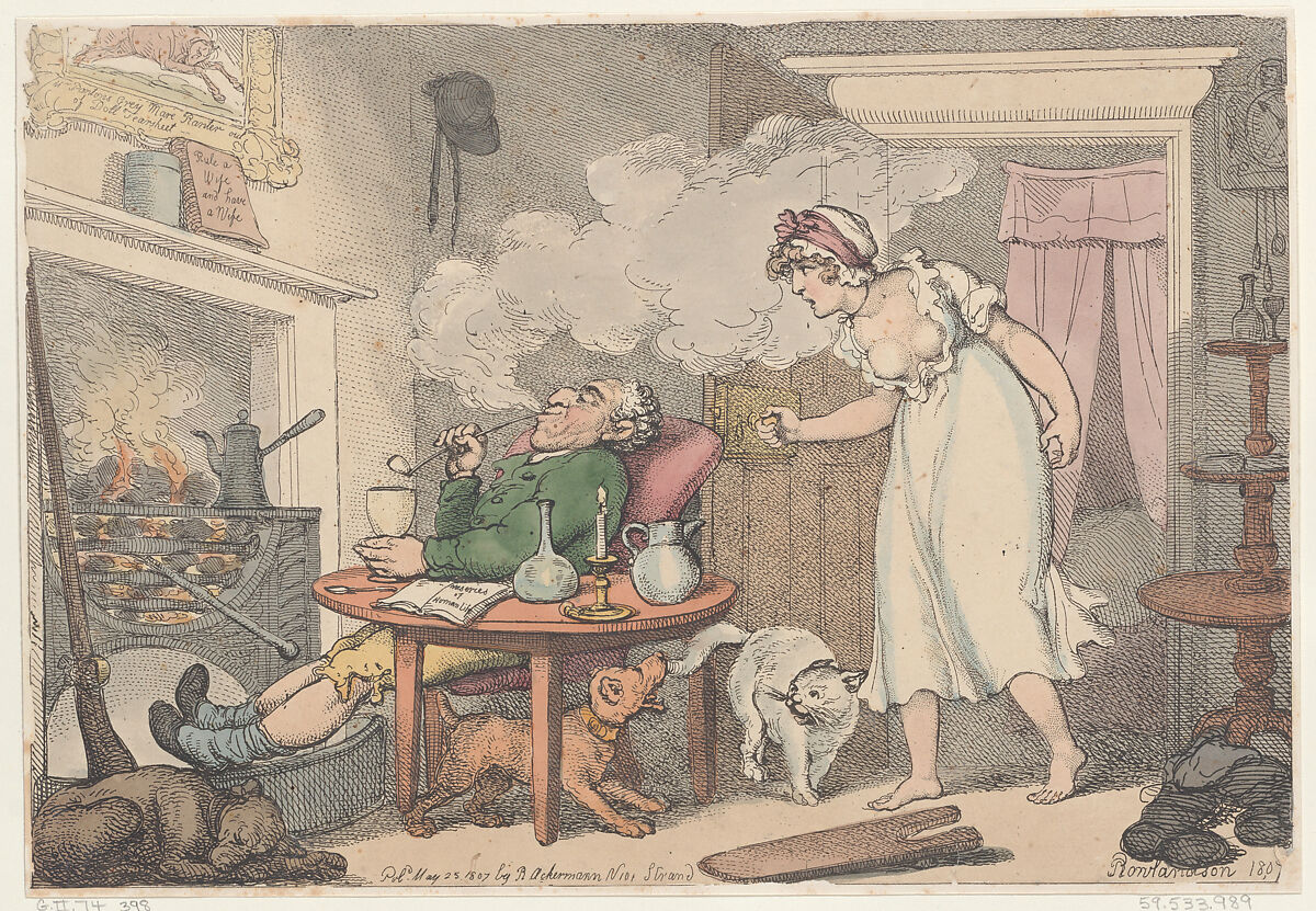 A White Sergeant giving the Word of Command: "Why don't you come to bed, you drunken sot?", Thomas Rowlandson (British, London 1757–1827 London), Hand-colored etching 