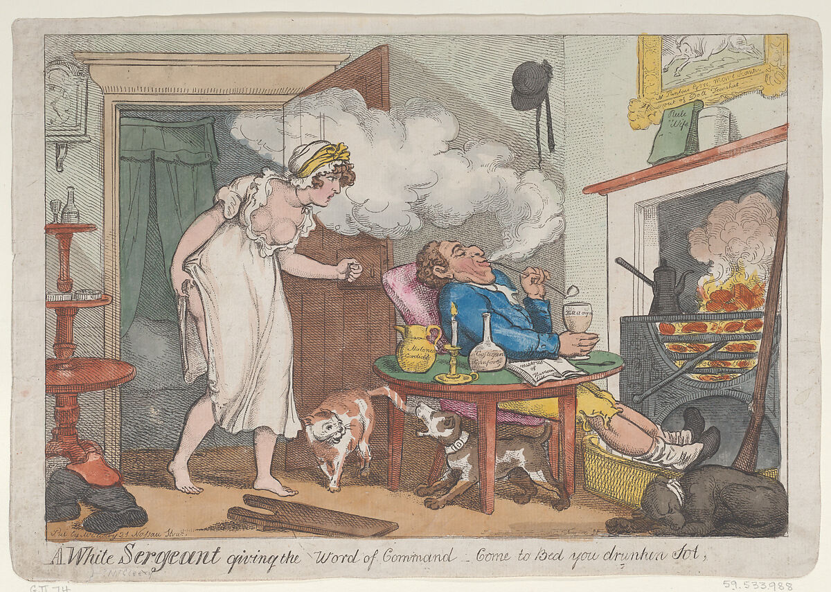 A White Sergeant giving the word of command - "Come to Bed you drunken sot", After? Thomas Rowlandson (British, London 1757–1827 London), Hand-colored etching; reverse copy 
