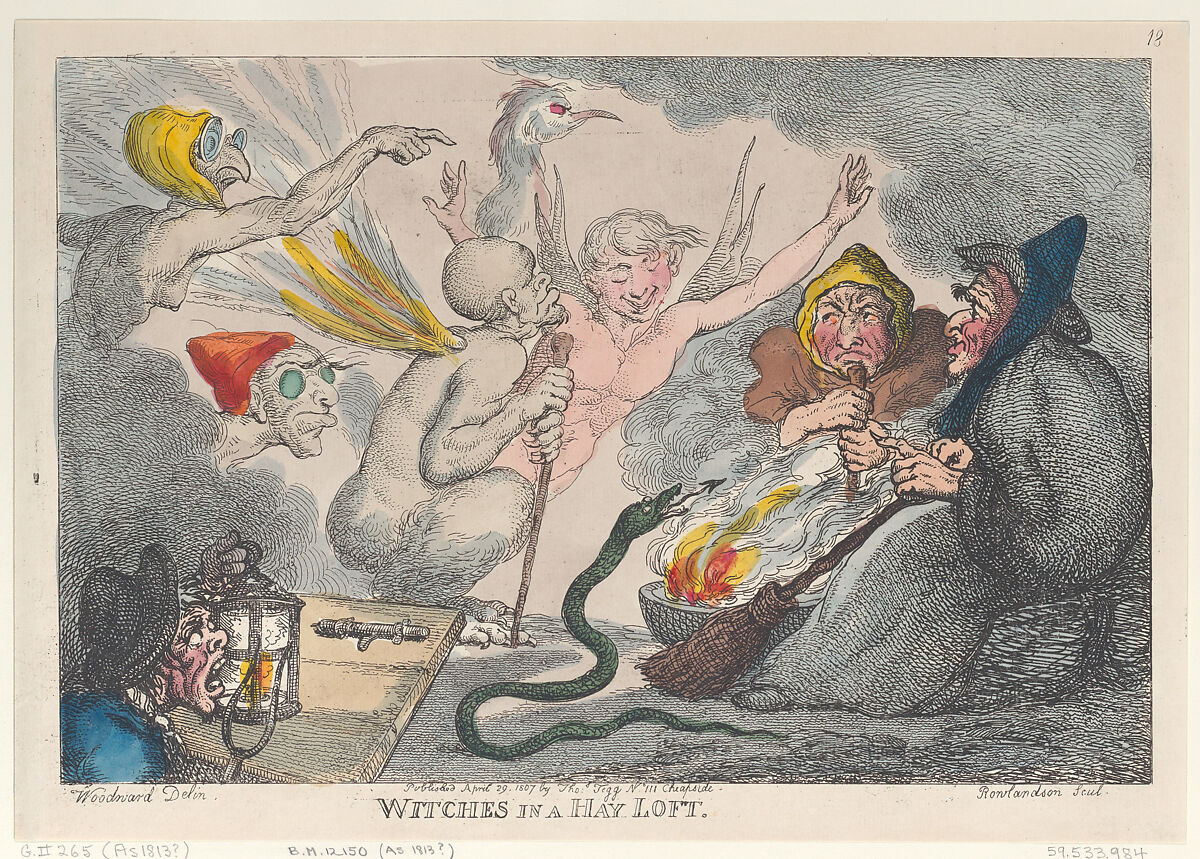 Witches in a Hay Loft, Thomas Rowlandson (British, London 1757–1827 London), Hand-colored etching 