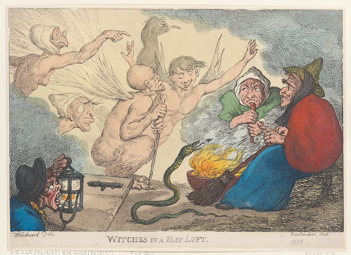 Witches in a Hay Loft, Thomas Rowlandson (British, London 1757–1827 London), Hand-colored etching 