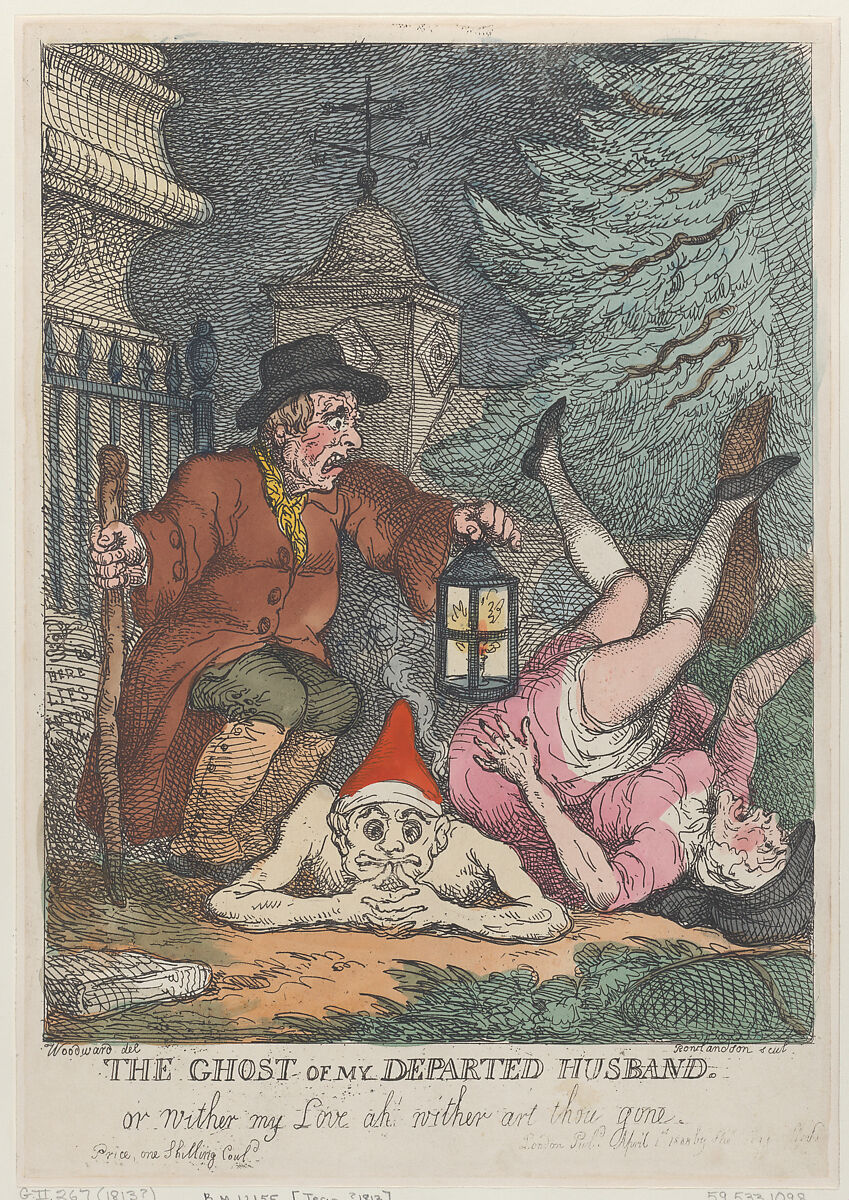 The Ghost of My Departed Husband, or Wither my Love ah wither art thou gone, Thomas Rowlandson (British, London 1757–1827 London), Hand-colored etching 