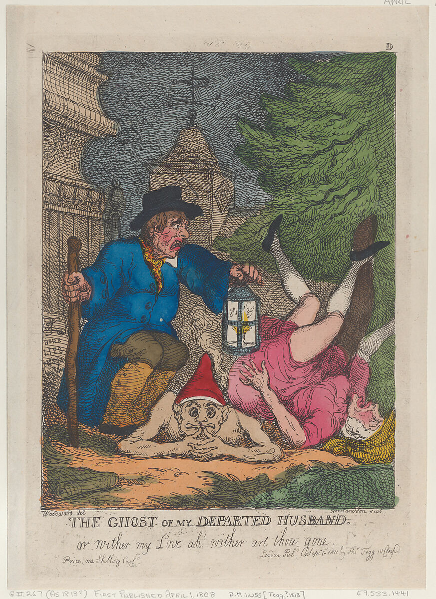 The Ghost of My Departed Husband, or Wither my Love ah wither art thou gone, Thomas Rowlandson (British, London 1757–1827 London), Hand-colored etching 